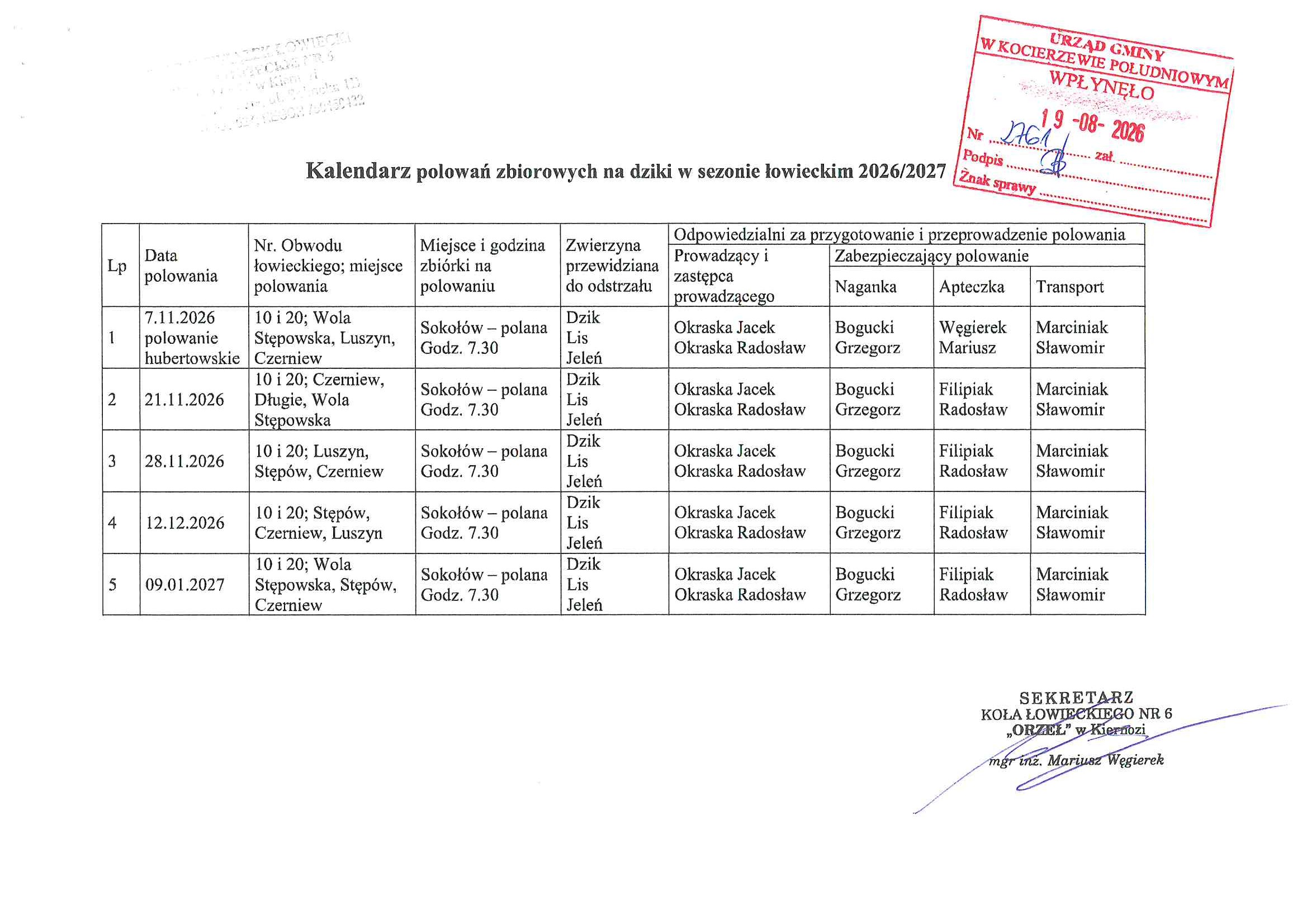 : Kalendarz polowań zbiorowych 2026-2027 Koła Łowieckiego nr 6 "Orzeł" w&nbsp;Kiernozi