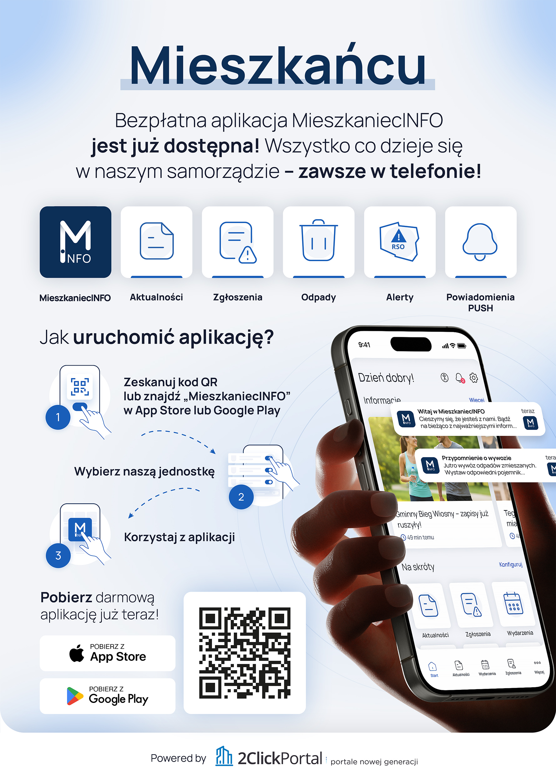 Plakat informujący o&nbsp;aplikacji MieszkaniecINFO