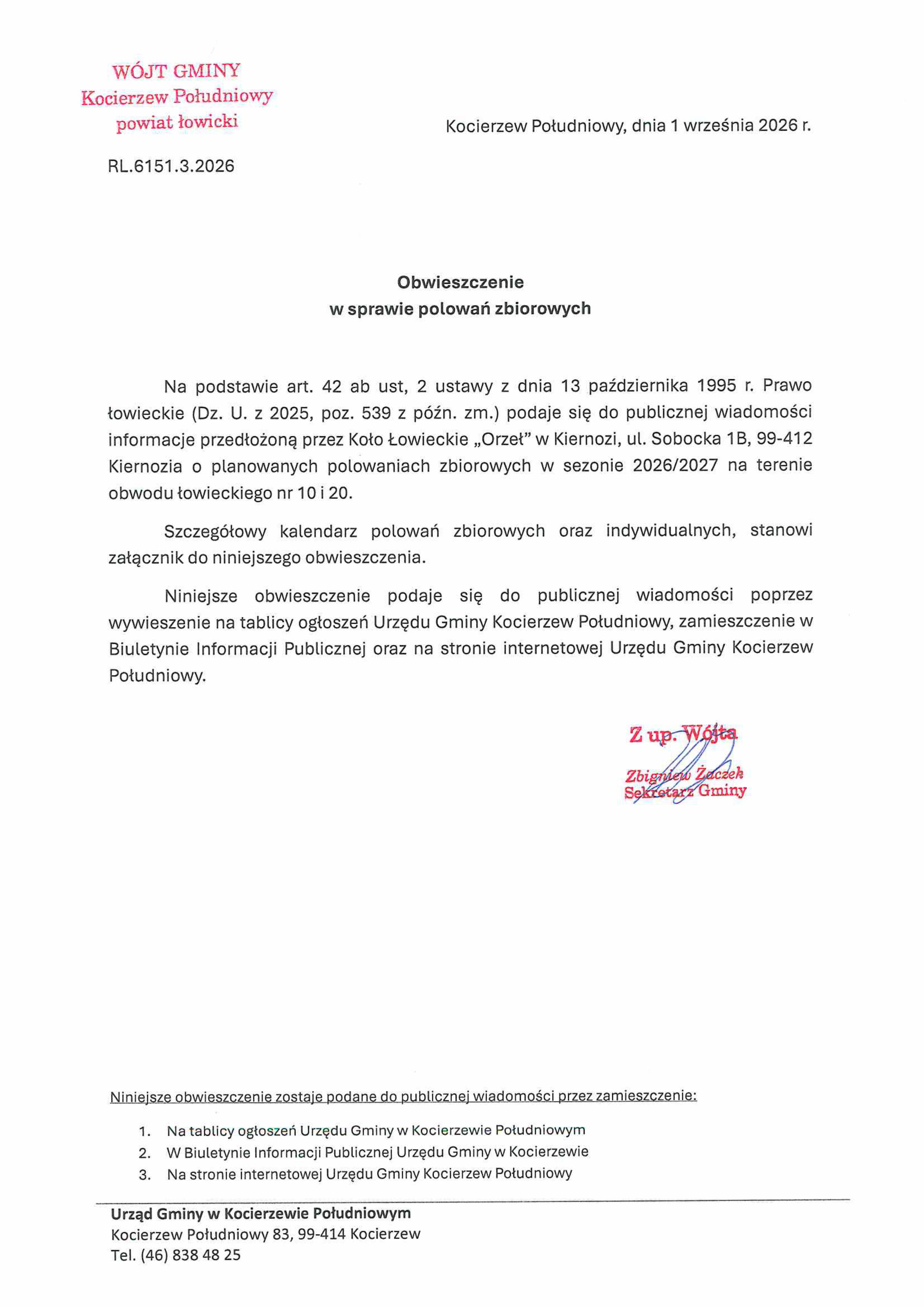 : Kalendarz polowań zbiorowych 2026-2027 Koła Łowieckiego nr 6 "Orzeł" w&nbsp;Kiernozi