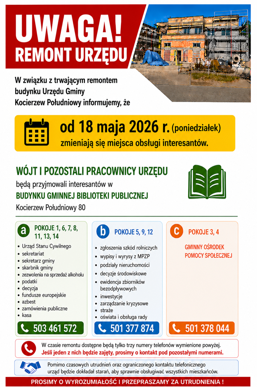 Plakat tymczasowa zmiana siedziby Urzędu przypomnienie