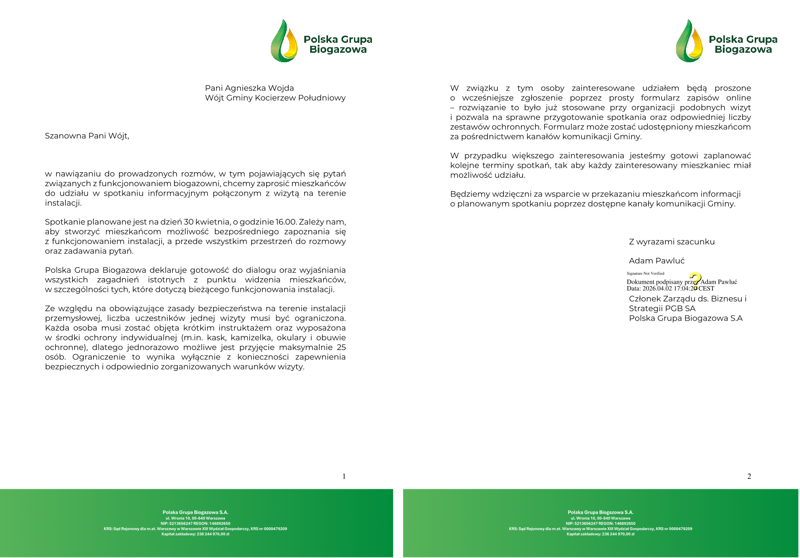 Pismo z&nbsp;Biogazowni w&nbsp;sprawie spotkania