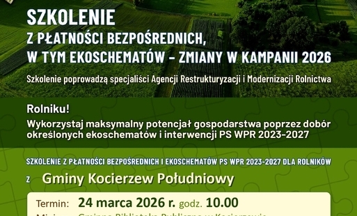 Grafika informacyjna o szkoleniach z płatności bezpośrednich