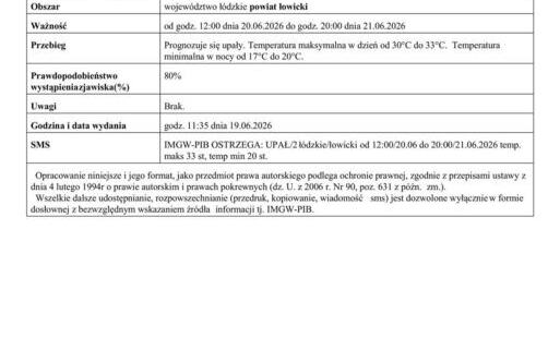 OSTRZEŻENIE METEOROLOGICZNE – UPAŁY (2. STOPIEŃ) 